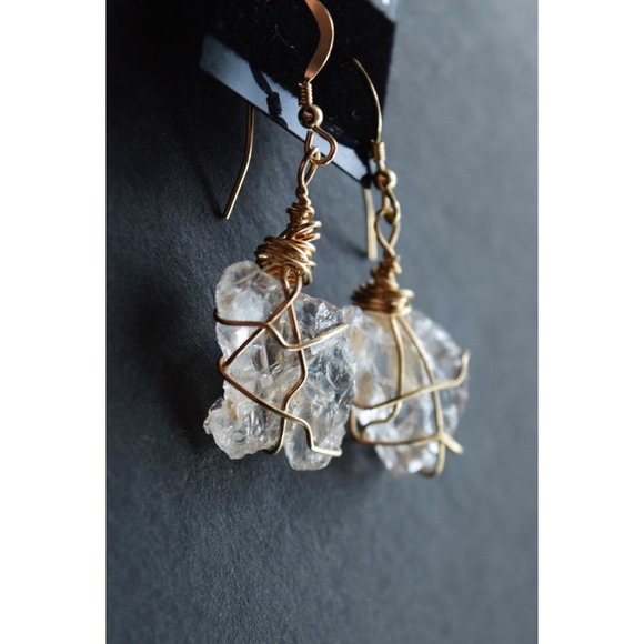 Large Dangle Earrings, Large Raw Diamonds, Gold Wire Wrapped Earrings - Picture 5 of 5